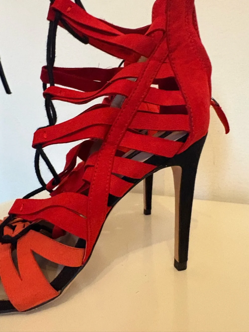 Zara Red and Orange Suede Lace-Up Stiletto Sandals - Picture 4 of 5